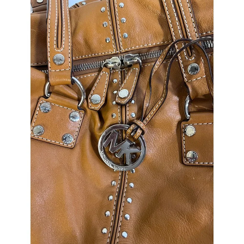 Michael Kors Tan Studded Leather Tote Bag With MK Charm & Zip Closure